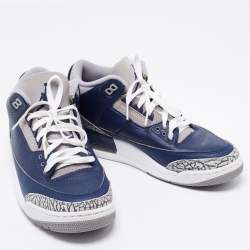 Pre Owned Air Jordan Navy Blue/Grey Leather 3 Retro Sneakers Size 42.5