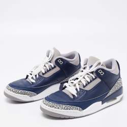 Pre Owned Air Jordan Navy Blue/Grey Leather 3 Retro Sneakers Size 42.5