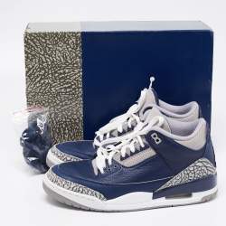 Pre Owned Air Jordan Navy Blue/Grey Leather 3 Retro Sneakers Size 42.5