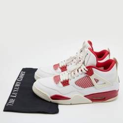 Air Jordans White/Red Leather and Fabric 4 Retro Fire Red Lace Up Sneakers Size 45