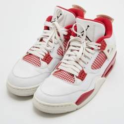 Air Jordans White/Red Leather and Fabric 4 Retro Fire Red Lace Up Sneakers Size 45