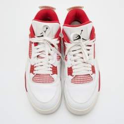 Air Jordans White/Red Leather and Fabric 4 Retro Fire Red Lace Up Sneakers Size 45