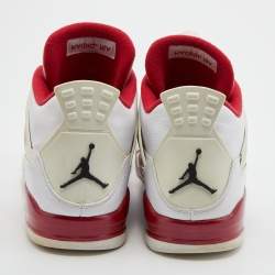 Air Jordans White/Red Leather and Fabric 4 Retro Fire Red Lace Up Sneakers Size 45