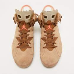 مملوكة مسبقًا Air Jordans Beige/Brown Suede and Canvas Retro 6 Travis Scott High Top Sneakers Size 47