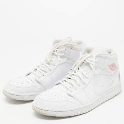 Pre Owned Air Jordan White Leather Jordan 1 Mid SE Nike Swoosh On Tour Sneakers 47.5