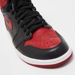 Pre Owned Air Jordans Black/Red Leather Air Jordan 1 Retro High Top Sneakers Size 47
