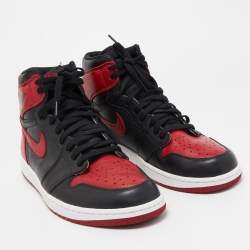 Pre Owned Air Jordans Black/Red Leather Air Jordan 1 Retro High Top Sneakers Size 47