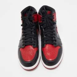 Pre Owned Air Jordans Black/Red Leather Air Jordan 1 Retro High Top Sneakers Size 47