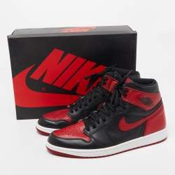 Pre Owned Air Jordans Black/Red Leather Air Jordan 1 Retro High Top Sneakers Size 47