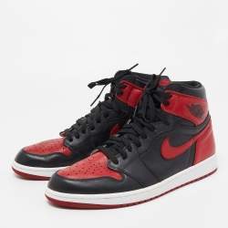 Pre Owned Air Jordans Black/Red Leather Air Jordan 1 Retro High Top Sneakers Size 47