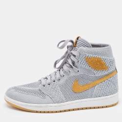 Air Jordan 1 Grey/Yellow Knit Fabric Flyknit Retro High OG Sneakers Size 40