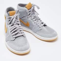 Air Jordan 1 Grey/Yellow Knit Fabric Flyknit Retro High OG Sneakers Size 40
