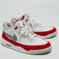 Air Jordan White/Red Leather and Suede Jordan 3 Tinker White University Red Sneakers Size 45