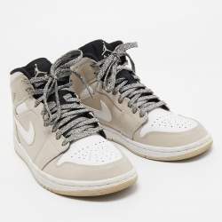 Pre Owned Air Jordans Cream Leather Jordan 1 Mid Desert Sand High Top Sneakers Size 40