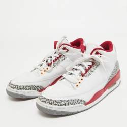 Pre Owned Air Jordans White/Grey Leather Jordan 3 Retro Cardinal Red Sneakers Size 43