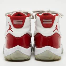 Air Jordans White/Red Canvas And Leather Jordan 11 Retro High Sneakers Size 44