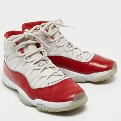 Air Jordans White/Red Canvas And Leather Jordan 11 Retro High Sneakers Size 44