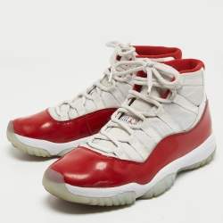 Air Jordans White/Red Canvas And Leather Jordan 11 Retro High Sneakers Size 44