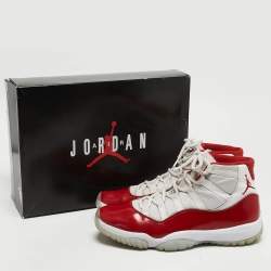 Air Jordans White/Red Canvas And Leather Jordan 11 Retro High Sneakers Size 44
