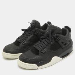 Pre Owned Air Jordans Black Leather and Pony Hair Jordan 4 Retro Sneakers Size 43
