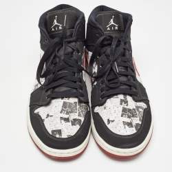 Air Jordans Black Nubuck Leather Jordan 1 Mid Newspaper Air Times Sneakers Size 47