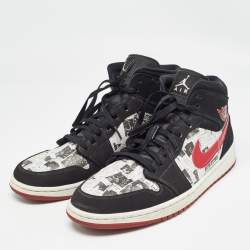 Air Jordans Black Nubuck Leather Jordan 1 Mid Newspaper Air Times Sneakers Size 47