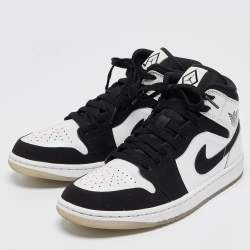 Pre Owned Air Jordans White/Black Leather Jordan 1 Mid Diamond Shorts Sneakers Size 40