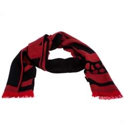Alexander McQueen Black & Red Skull Patterned Wool Scarf