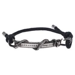 Pre Owned Alexander McQueen Skull Snake Bar Antique Silver Tone Adjustable Cord Bracelet