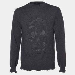 Pre Owned Alexander McQueen Grey Pierced Skull Wool & Cashmere Sweater L