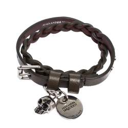Pre Owned Alexander McQueen Greenish Brown Leather Braided Double Wrap Skull Bracelet