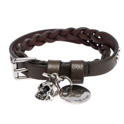 Pre Owned Alexander McQueen Greenish Brown Leather Braided Double Wrap Skull Bracelet