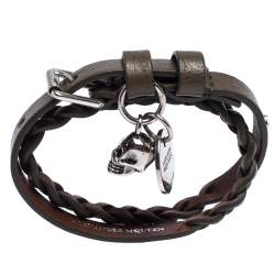 Pre Owned Alexander McQueen Greenish Brown Leather Braided Double Wrap Skull Bracelet