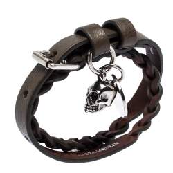 Pre Owned Alexander McQueen Greenish Brown Leather Braided Double Wrap Skull Bracelet
