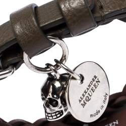 Pre Owned Alexander McQueen Greenish Brown Leather Braided Double Wrap Skull Bracelet