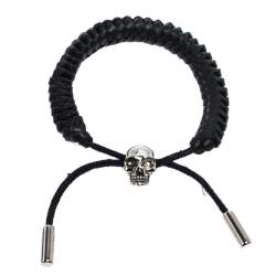 Pre Owned Alexander McQueen Skull Charm Woven Black Leather Silver Tone Adjustable Bracelet