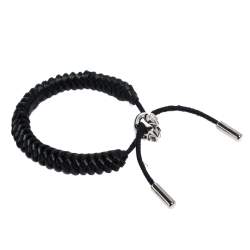 Pre Owned Alexander McQueen Skull Charm Woven Black Leather Silver Tone Adjustable Bracelet