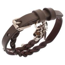 Pre Owned Alexander McQueen Brown Leather Silver Tone Wrap Bracelet