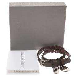 Pre Owned Alexander McQueen Brown Leather Silver Tone Wrap Bracelet