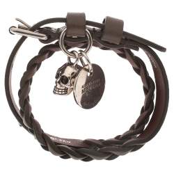 Pre Owned Alexander McQueen Brown Leather Silver Tone Wrap Bracelet
