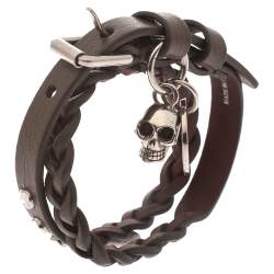 Pre Owned Alexander McQueen Brown Leather Silver Tone Wrap Bracelet