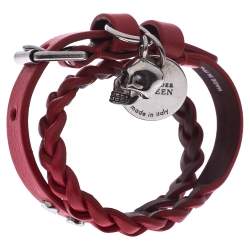 Pre Owned Alexander McQueen Red Leather Silver Tone Wrap Bracelet