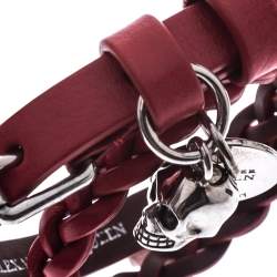 Pre Owned Alexander McQueen Red Leather Silver Tone Wrap Bracelet