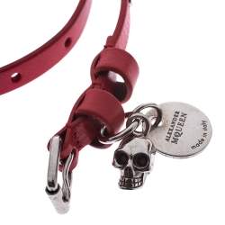 Pre Owned Alexander McQueen Red Leather Silver Tone Wrap Bracelet