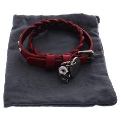 Pre Owned Alexander McQueen Red Leather Silver Tone Wrap Bracelet