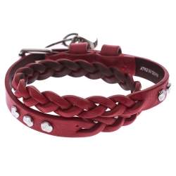Pre Owned Alexander McQueen Red Leather Silver Tone Wrap Bracelet