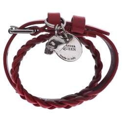 Pre Owned Alexander McQueen Red Leather Silver Tone Wrap Bracelet
