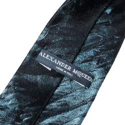 Pre Owned Alexander McQueen Blue & Black Feather Silk Jacquard Tie