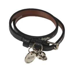 Pre Owned Alexander McQueen Black Printed Leather Skull Charm Double Wrap Bracelet