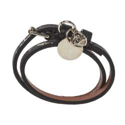 Pre Owned Alexander McQueen Black Printed Leather Skull Charm Double Wrap Bracelet